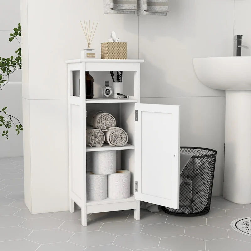 Meuble bas de salle de bain blanc, une porte, étagère ouverte, MDF laqué UV, panneau supérieur biseauté, pieds surélevés