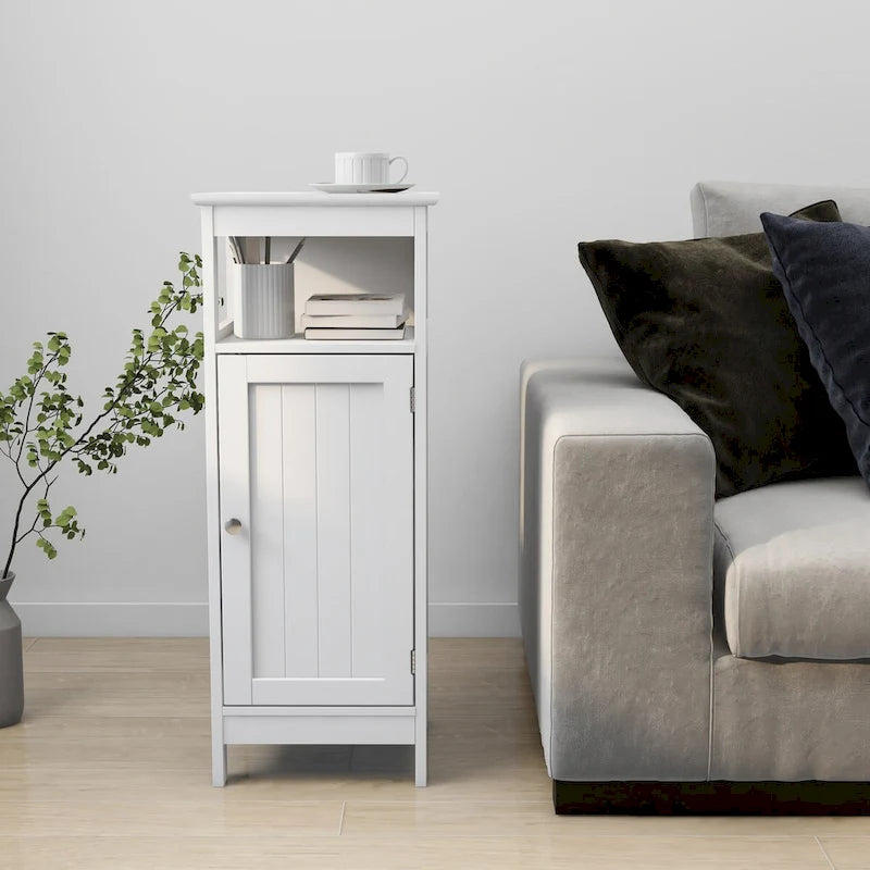 Meuble bas de salle de bain blanc, une porte, étagère ouverte, MDF laqué UV, panneau supérieur biseauté, pieds surélevés