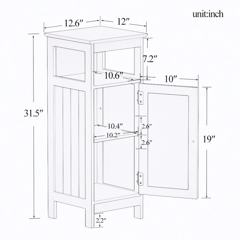 Meuble bas de salle de bain blanc, une porte, étagère ouverte, MDF laqué UV, panneau supérieur biseauté, pieds surélevés