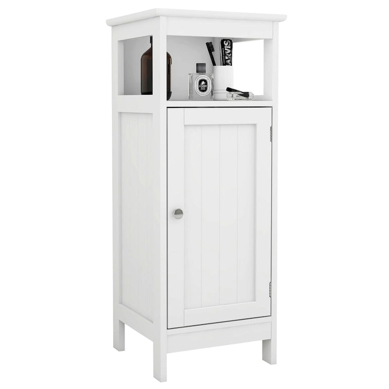 Meuble bas de salle de bain blanc, une porte, étagère ouverte, MDF laqué UV, panneau supérieur biseauté, pieds surélevés