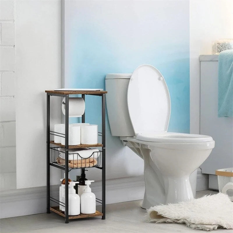 Étagère de salle de bain autoportante avec tour, porte-rouleau de papier toilette et cadre en métal MDF