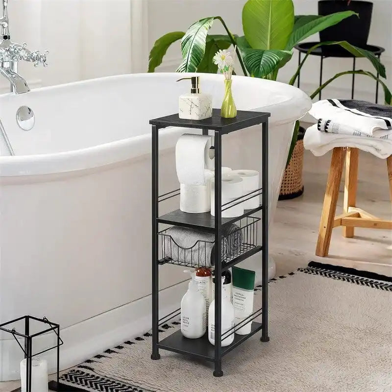 Étagère de salle de bain autoportante avec tour, porte-rouleau de papier toilette et cadre en métal MDF