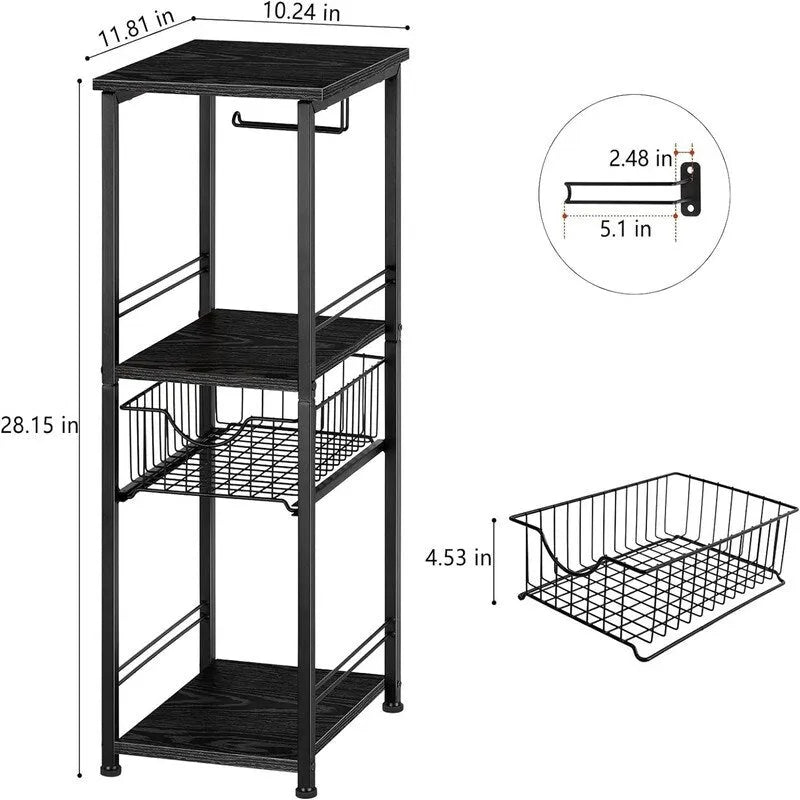 Étagère de salle de bain autoportante avec tour, porte-rouleau de papier toilette et cadre en métal MDF