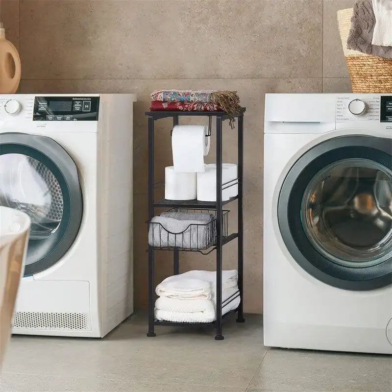Étagère de salle de bain autoportante avec tour, porte-rouleau de papier toilette et cadre en métal MDF