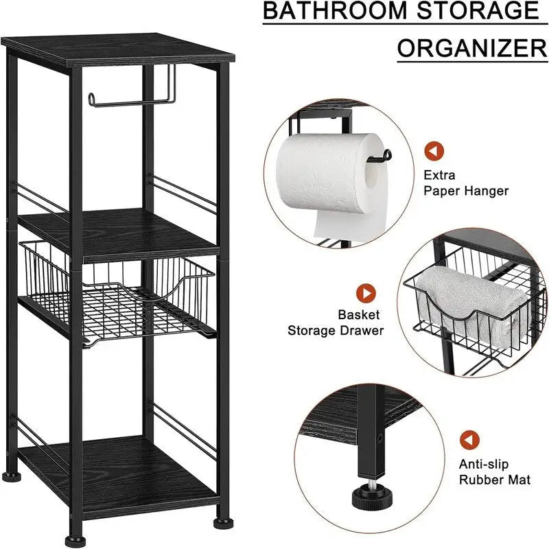 Étagère de salle de bain autoportante avec tour, porte-rouleau de papier toilette et cadre en métal MDF