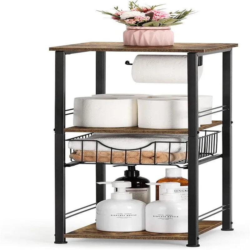 Étagère de salle de bain autoportante avec tour, porte-rouleau de papier toilette et cadre en métal MDF