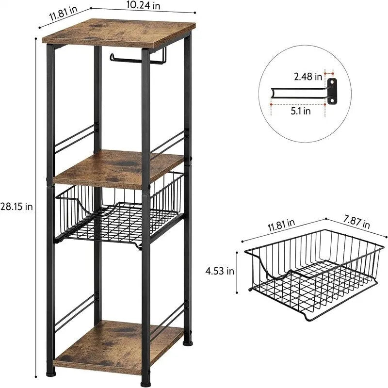 Étagère de salle de bain autoportante avec tour, porte-rouleau de papier toilette et cadre en métal MDF