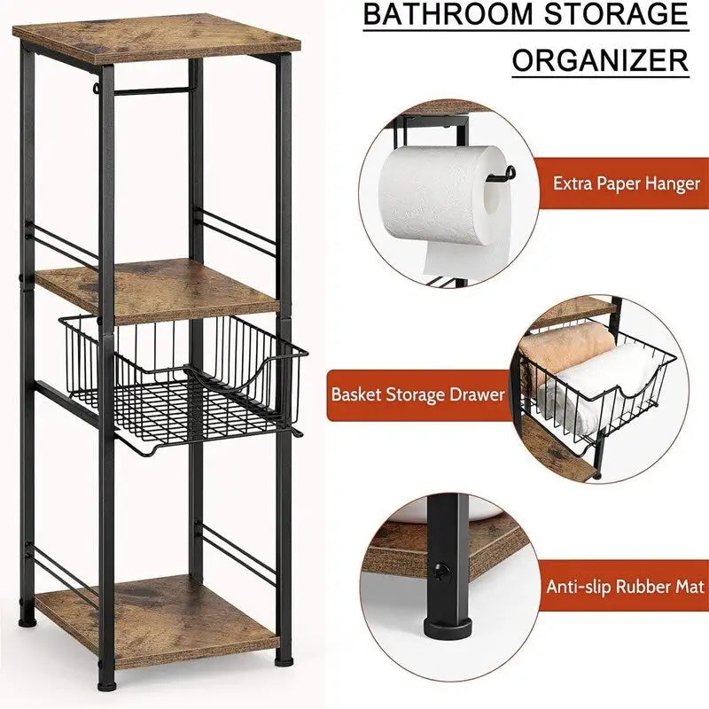 Étagère de salle de bain autoportante avec tour, porte-rouleau de papier toilette et cadre en métal MDF