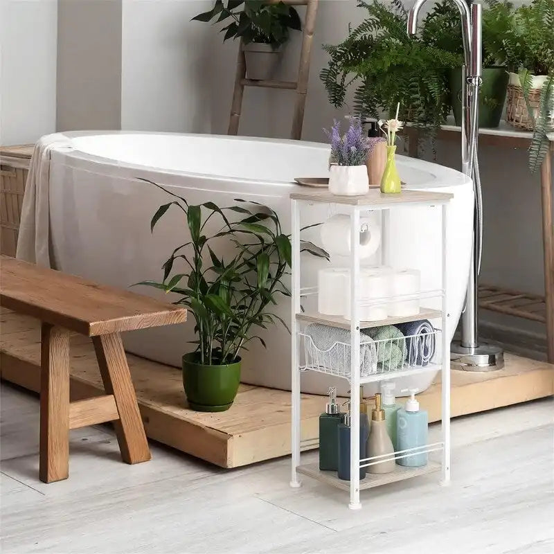 Étagère de salle de bain autoportante avec tour, porte-rouleau de papier toilette et cadre en métal MDF