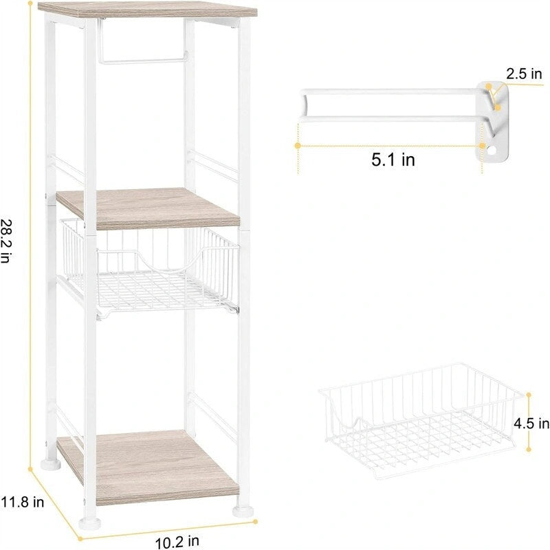Étagère de salle de bain autoportante avec tour, porte-rouleau de papier toilette et cadre en métal MDF