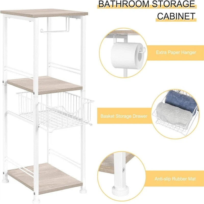 Étagère de salle de bain autoportante avec tour, porte-rouleau de papier toilette et cadre en métal MDF