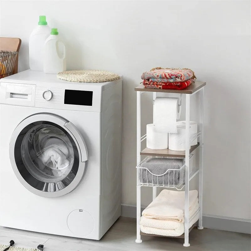 Étagère de salle de bain autoportante avec tour, porte-rouleau de papier toilette et cadre en métal MDF