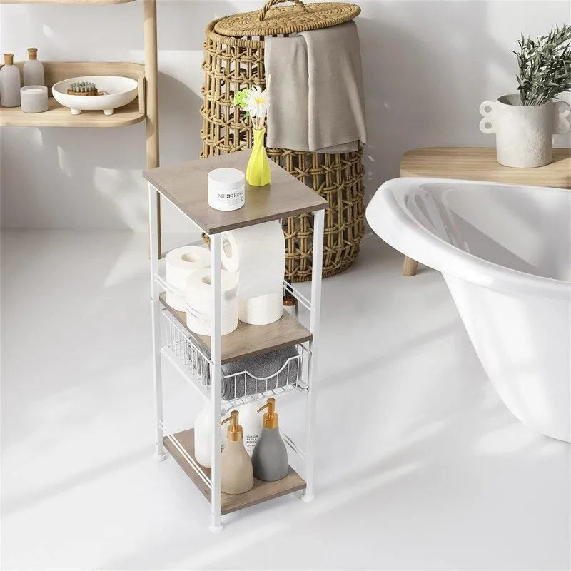 Étagère de salle de bain autoportante avec tour, porte-rouleau de papier toilette et cadre en métal MDF