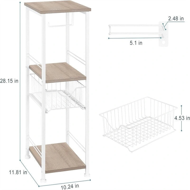 Étagère de salle de bain autoportante avec tour, porte-rouleau de papier toilette et cadre en métal MDF