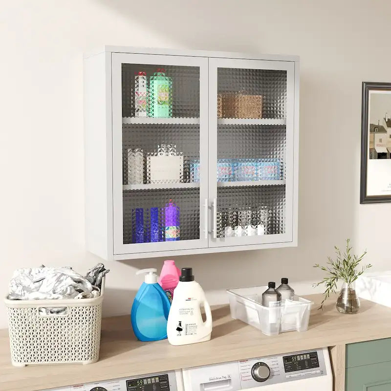 Armoire de rangement murale ou à poser en acier laminé à froid, portes en verre diamant, 2 étagères réglables