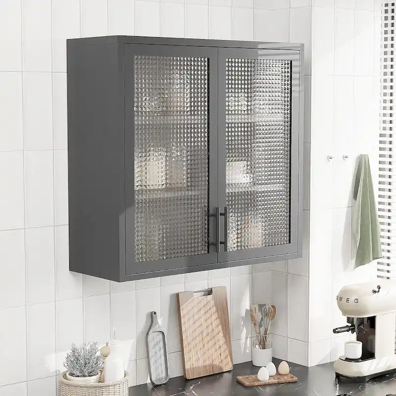 Armoire de rangement murale ou à poser en acier laminé à froid, portes en verre diamant, 2 étagères réglables