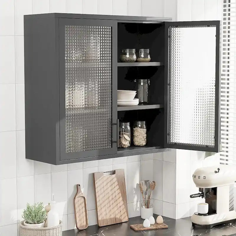 Armoire de rangement murale ou à poser en acier laminé à froid, portes en verre diamant, 2 étagères réglables