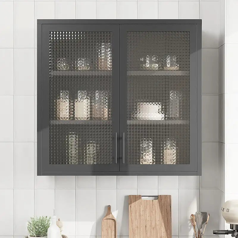 Armoire de rangement murale ou à poser en acier laminé à froid, portes en verre diamant, 2 étagères réglables