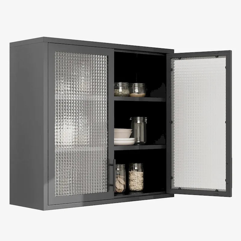 Armoire de rangement murale ou à poser en acier laminé à froid, portes en verre diamant, 2 étagères réglables
