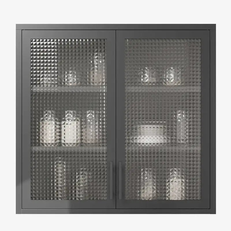 Armoire de rangement murale ou à poser en acier laminé à froid, portes en verre diamant, 2 étagères réglables