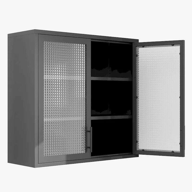 Armoire de rangement murale ou à poser en acier laminé à froid, portes en verre diamant, 2 étagères réglables