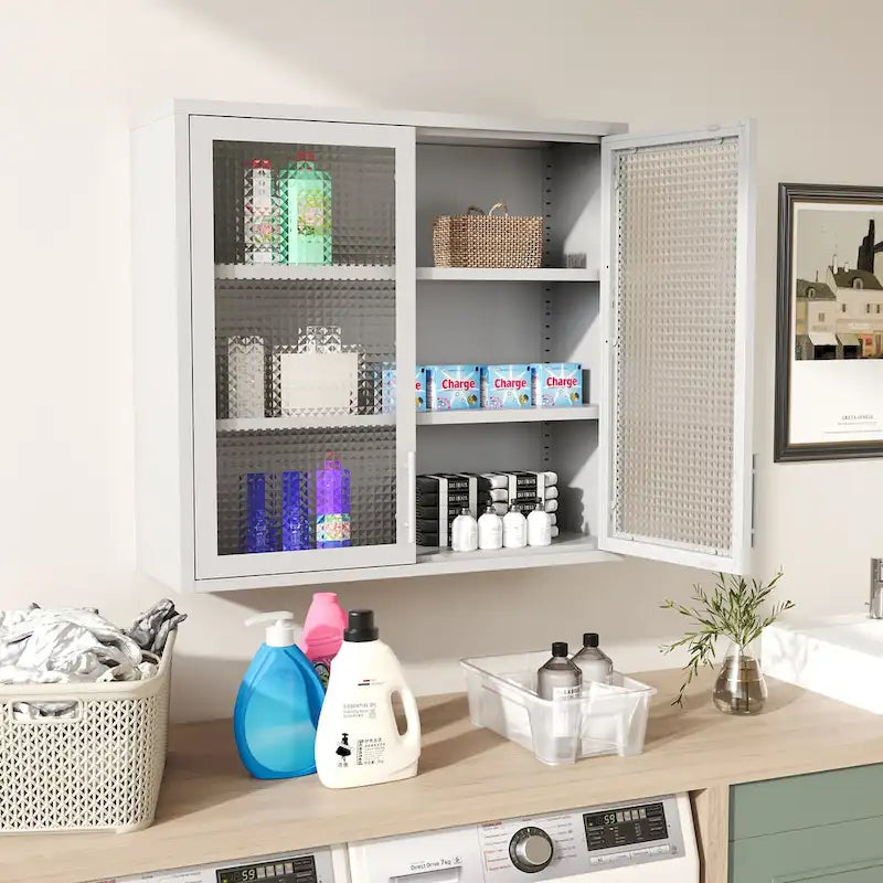 Armoire de rangement murale ou à poser en acier laminé à froid, portes en verre diamant, 2 étagères réglables
