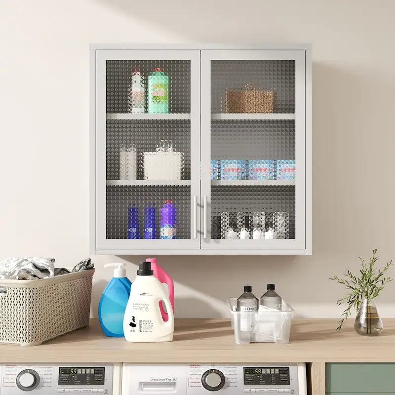 Armoire de rangement murale ou à poser en acier laminé à froid, portes en verre diamant, 2 étagères réglables