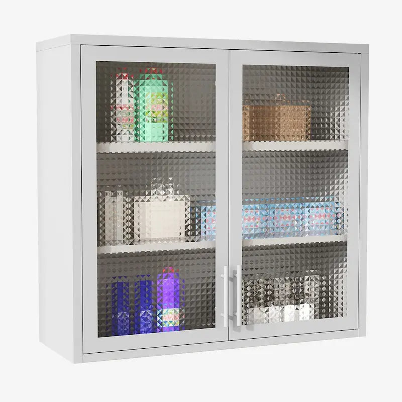 Armoire de rangement murale ou à poser en acier laminé à froid, portes en verre diamant, 2 étagères réglables