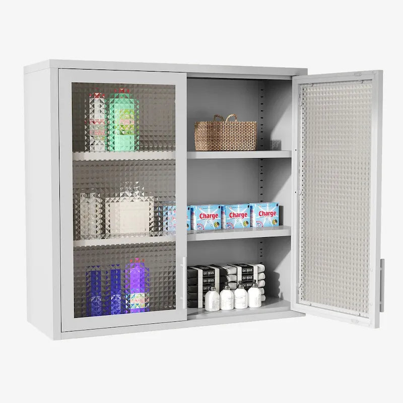 Armoire de rangement murale ou à poser en acier laminé à froid, portes en verre diamant, 2 étagères réglables