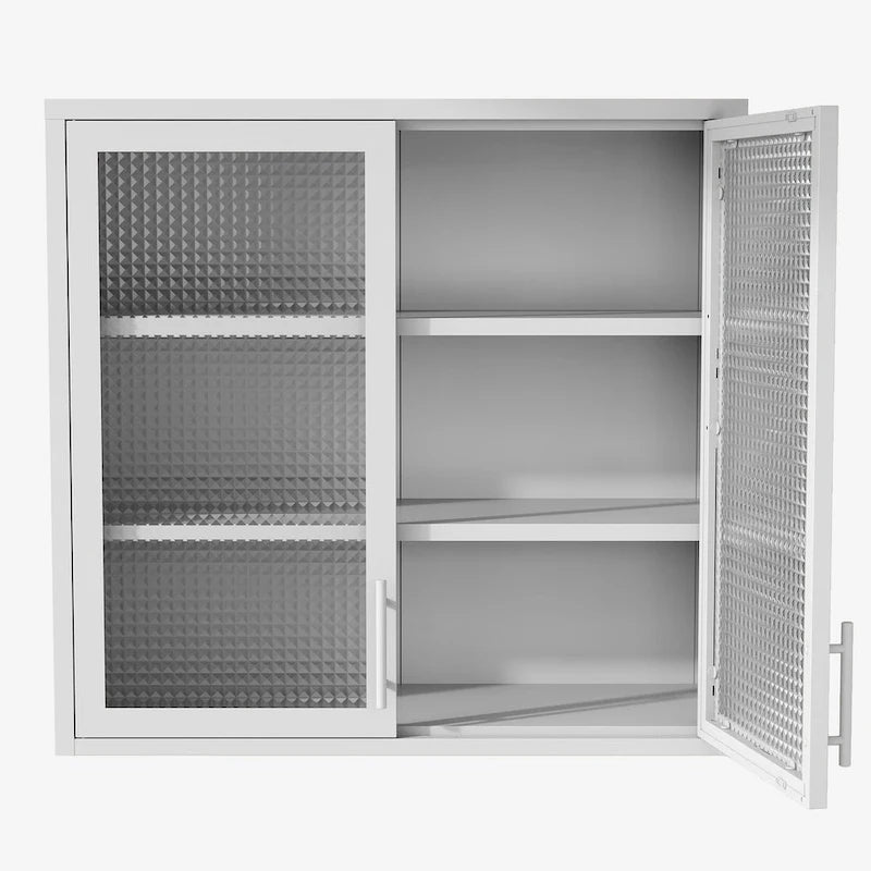 Armoire de rangement murale ou à poser en acier laminé à froid, portes en verre diamant, 2 étagères réglables