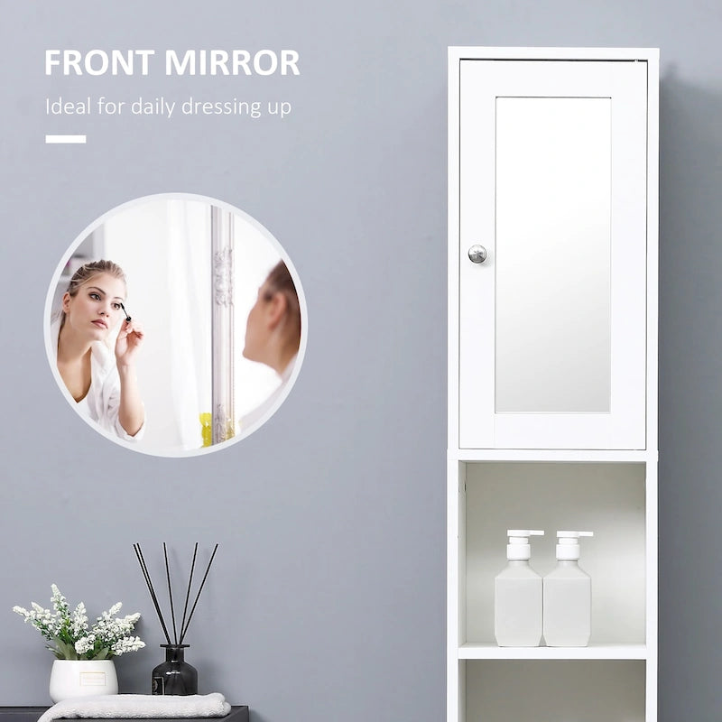 Meuble haut de rangement de salle de bain Porte supérieure à miroir Deux étagères ouvertes au milieu Porte inférieure Étagères intérieures réglables Panneau de particules anti-basculement Blanc