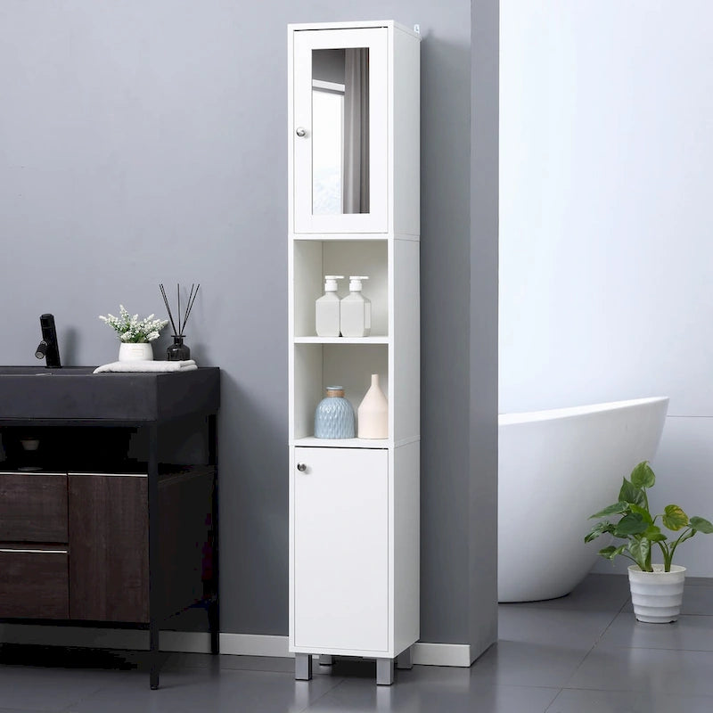 Meuble haut de rangement de salle de bain Porte supérieure à miroir Deux étagères ouvertes au milieu Porte inférieure Étagères intérieures réglables Panneau de particules anti-basculement Blanc