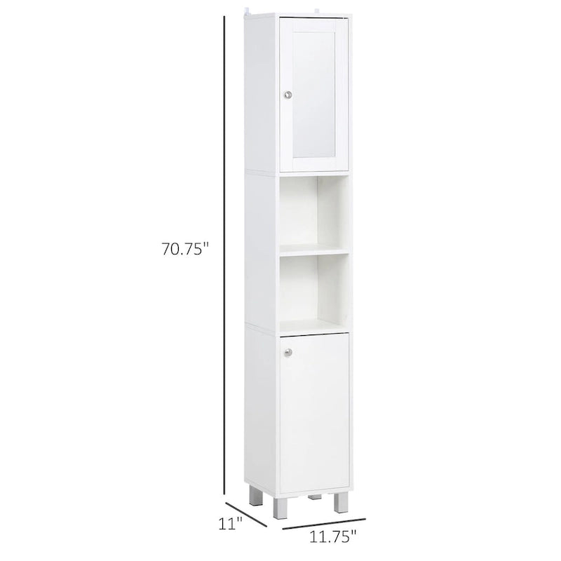 Meuble haut de rangement de salle de bain Porte supérieure à miroir Deux étagères ouvertes au milieu Porte inférieure Étagères intérieures réglables Panneau de particules anti-basculement Blanc