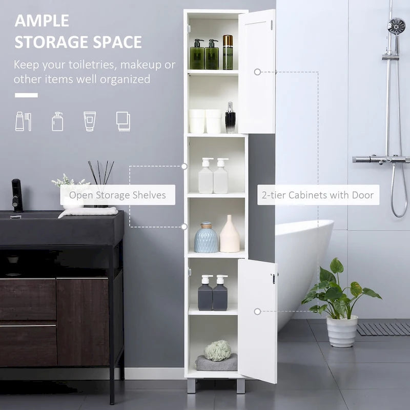Meuble haut de rangement de salle de bain Porte supérieure à miroir Deux étagères ouvertes au milieu Porte inférieure Étagères intérieures réglables Panneau de particules anti-basculement Blanc