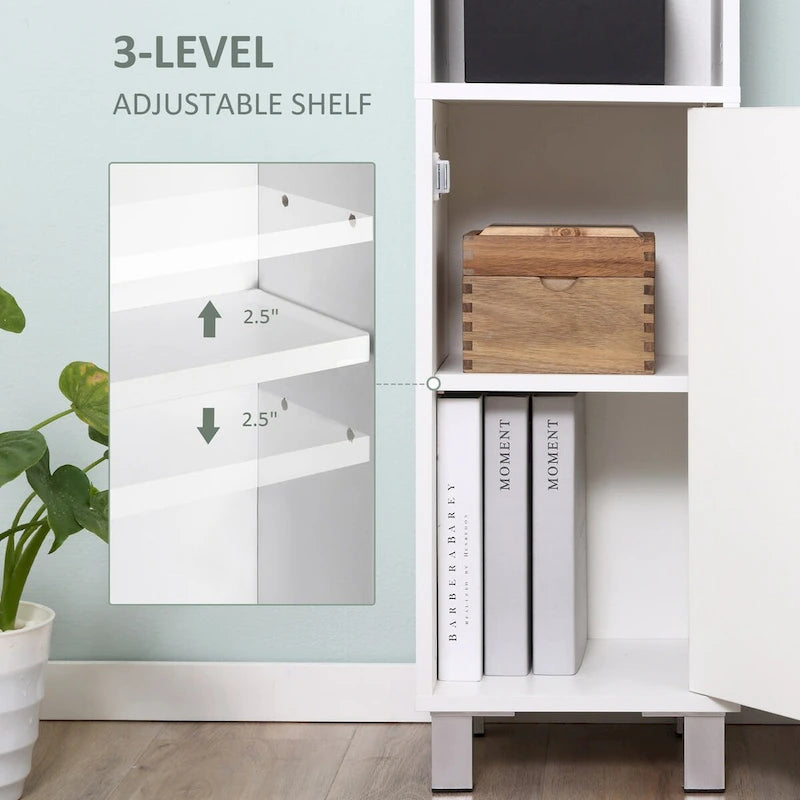 Meuble haut de rangement de salle de bain Porte supérieure à miroir Deux étagères ouvertes au milieu Porte inférieure Étagères intérieures réglables Panneau de particules anti-basculement Blanc