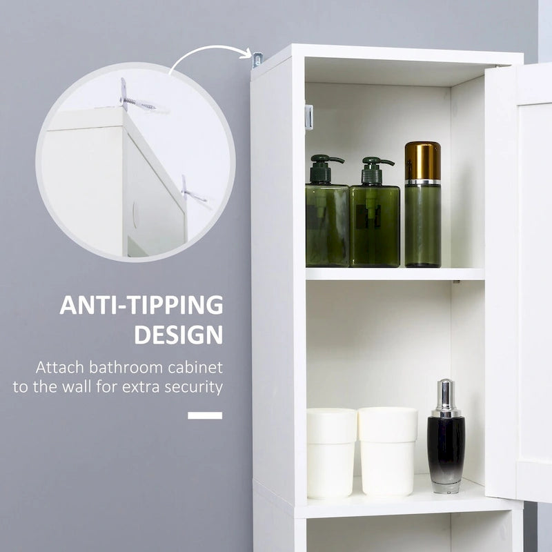Meuble haut de rangement de salle de bain Porte supérieure à miroir Deux étagères ouvertes au milieu Porte inférieure Étagères intérieures réglables Panneau de particules anti-basculement Blanc