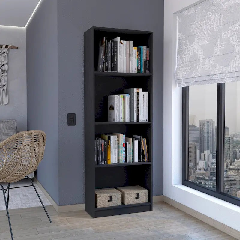 Étagère Bibliothèque Ouverte Haute Noire à 4 Niveaux pour Livres et Objets Décoratifs