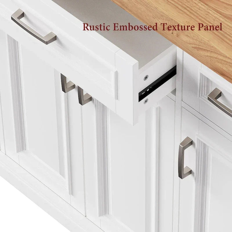Grand îlot de cuisine avec abattant en bois, desserte à roulettes avec texture en relief, portes, tiroirs et rangement pour cuisine, blanc
